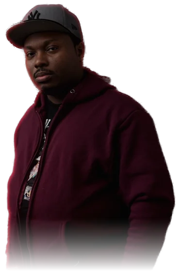 DJ Epidemik in a maroon hoodie and grey cap